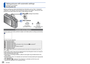 Page 2626   VQT3G90VQT3G90   27
 
Taking pictures with automatic settings 
[Intelligent Auto] Mode
Recording Mode: 
Set to  ([Intelligent Auto]  Mode)
Take a picture
Press halfway 
(press lightly to focus) Press fully 
(press the button all the  way to record)
Optimum settings are made automatically from information such as “fac\
e”, “movement”, 
“brightness”, and “distance” just by pointing the camera at \
the subject, meaning that clear 
pictures can be taken without the need to make settings manually.About...