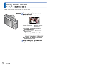 Page 3030   VQT3G90VQT3G90   31
 
Taking motion pictures
Recording Mode:        
 
■Recording motion pictures in 
Records a motion picture at your preferred settings.
 • Aperture and shutter speed are automatically set.
 
■Recording motion pictures in 
The camera automatically detects the scene to record motion pictures wit\
h optimal settings.
  When scene does not 
correspond to any on the right.
 • In  mode, focus and exposure will be set according to the face detected.
 • will be selected for nightscapes...