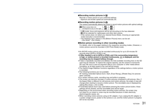 Page 3130   VQT3G90VQT3G90   31
 
Taking motion pictures
Recording Mode:        
 
■Recording motion pictures in 
Records a motion picture at your preferred settings.
 • Aperture and shutter speed are automatically set.
 
■Recording motion pictures in 
The camera automatically detects the scene to record motion pictures wit\
h optimal settings.
  When scene does not 
correspond to any on the right.
 • In  mode, focus and exposure will be set according to the face detected.
 • will be selected for nightscapes...
