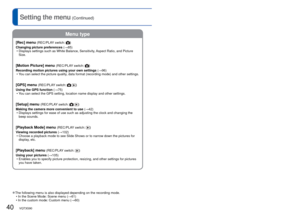 Page 4040   VQT3G90VQT3G90   41
Setting the menu (Continued)
Menu type
[Rec] menu (REC/PLAY switch: )
Changing picture preferences (→85)  • Displays settings such as White Balance, Sensitivity, Aspect Ratio, and Picture Size.
[Motion Picture] menu (REC/PLAY switch: )
Recording motion pictures using your own settings  (→96)
 • You can select the picture quality, data format (recording mode) and other settings.
[GPS] menu (REC/PLAY switch:  )
Using the GPS function  (→75)
 • You can select the GPS setting,...