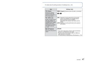 Page 4746   VQT3G90VQT3G90   47
For details about the setting procedure in the [Setup] menu (→38)Using the [Setup] menu (Continued)
ItemSettings, notes
 [No.Reset]
Reset picture file 
numbers.   • The folder number is updated and the file number starts 
from 0001. 
 • A folder number between 100 and 999 can be assigned. Numbers cannot be reset once folder number reaches 
999. In this case, save all necessary pictures to your 
computer, and format the built-in memory/card ( →48).
 • To reset folder number to...