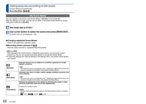 Page 6262   VQT3G90VQT3G90   63
How to select a scene (→61)
Using flash in Scene Modes ( →52)Taking pictures according to the scene 
[Scene Mode] (Continued)
Recording Mode:   
 [My Scene Mode]
You can register a commonly used Scene Mode in   on the mode dial.
After the settings are made, pictures can be taken in the preset Scene M\
ode by simply 
setting the mode dial to 
 .
Set mode dial to /
Use cursor button to select the scene and press [MENU/SET]
(If scene menu is not displayed  →38)
 
■Changing...