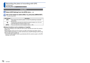 Page 7676   VQT3G90VQT3G90   77
For [GPS] menu setting procedures (→38)
Recording the place of recording with GPS 
(Continued)
Recording Mode:         
 Using GPS
Select [GPS Setting] from the [GPS] menu (→38)
Use cursor button to select [ON] or  and press [MENU/SET]
 • To cancel, select [OFF]
[GPS Setting]Description 
[ON]Even when the camera’s power is turned off, positioning is executed 
periodically.
Positioning is executed only while the camera’s power is on. (It is not 
executed while the camera’s power...