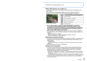 Page 7776   VQT3G90VQT3G90   77
For [GPS] menu setting procedures (→38)
Recording the place of recording with GPS 
(Continued)
Recording Mode:         
 Using GPS
Select [GPS Setting] from the [GPS] menu (→38)
Use cursor button to select [ON] or  and press [MENU/SET]
 • To cancel, select [OFF]
[GPS Setting]Description 
[ON]Even when the camera’s power is turned off, positioning is executed 
periodically.
Positioning is executed only while the camera’s power is on. (It is not 
executed while the camera’s power...