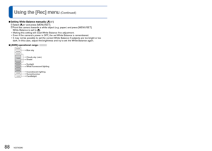 Page 8888   VQT3G90VQT3G90   89
For [Rec] menu setting procedures (→38)Using the [Rec] menu (Continued)
 
■
Setting White Balance manually ()
   Select  and press [MENU/SET].  Point the camera towards a white object (e.g. paper) and press [MENU/S\
ET].
White Balance is set to .
 • Making this setting will reset White Balance fine adjustment.
 • Even if the camera’s power is OFF, the set White Balance is remembered.
 • It may not be possible to set the correct White Balance if subjects are \
too bright or too...