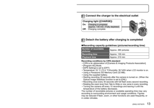 Page 1312   VQT3G70 (ENG) (ENG) VQT3G70   13
Charging the battery
 ■About batteries that you can use with this unit
The battery that can be used with this unit is DMW-BCG10PP.
It has been found that counterfeit battery packs which look very 
similar to the genuine products are made available to purchase 
in some markets. Some of these battery packs are not adequately 
protected with internal protection to meet the requirements of 
appropriate safety standards. There is a possibility that these 
battery packs...