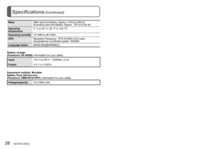 Page 2828   VQT3G70 (ENG) (ENG) VQT3G70   29
Specifications (Continued)Optional accessories
MassWith card and battery: Approx. 219  (0.482 lb)
Excluding card and battery: Approx. 197  (0.434 lb)
Operating 
temperature 0 °C to 40 °C (32 °F to 104 °F)
Operating humidity 10 %RH to 80 %RH
GPS Reception frequency: 1575.42 MHz (C/A code) 
Geographical coordinate system: WGS84
Language select [ENGLISH]/[ESPAÑOL]
Battery charger
(Panasonic DE-A65B):  Information for your safety
Input110 V to 240 V ~ 50/60Hz, 0.2 A...