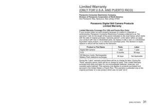 Page 3130   VQT3G70 (ENG) (ENG) VQT3G70   31
Digital Camera Accessory Order Form
Please photocopy this form when placing an order.
1. Digital Camera Model #                                          
2. Items Ordered
Accessory #  Description Price Each Quantity Total Price
Subtotal
Your State & Local Sales Tax
Shipping & Handling 6.95Total Enclosed 
3.Method of payment (check one)
   Check of Money Order enclosed (NO C.O.D.SHIPMENTS)   VISA  Credit Card #      MasterCard Expiration Date      Discover Customer...