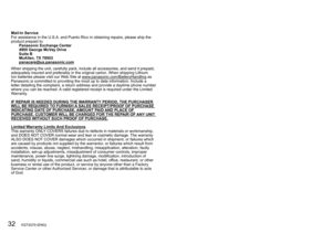 Page 3232   VQT3G70 (ENG) (ENG) VQT3G70   33
Mail-In Service
For assistance in the U.S.A. and Puerto Rico in obtaining repairs, please ship the 
product prepaid to:
Panasonic Exchange Center
4900 George McVay Drive
Suite B
McAllen, TX 78503
panacare@us.panasonic.com
When shipping the unit, carefully pack, include all accessories, and send it prepaid, 
adequately insured and preferably in the original carton. When shipping Lithium 
Ion batteries please visit our Web Site at www.panasonic.com/BatteryHandling as...