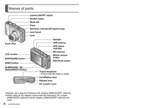 Page 88   VQT3G70 (ENG) (ENG) VQT3G70   9
Names of parts
Cursor button
Hand strap eyelet
[AV OUT/DIGITAL] socket
The illustrations and screens in this manual may differ from the actual 
product.
[MENU/SET]
(menu display/set/finish) 
Left cursor button (◄)
 • Self-timer
Down cursor button (▼)
 • Macro Mode etc. Up cursor button (▲)
 •Exposure Compensation, 
Auto Bracket etc.
Right cursor button (►) • Flash 
 ●In this manual, the button that is used is indicated by▲▼◄►.
 ●We recommend you use a battery with...