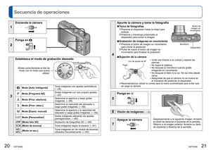 Page 1120   VQT3G92VQT3G92   21
 
Secuencia de operaciones
1
Encienda la cámara
2
Ponga en 
3
Establezca el modo de grabación deseado
Alinee correctamente el dial de modo con el modo que quiera  utilizar.→
Modo [Auto inteligente]
Tome imágenes con ajustes automáticos. 
(→26)
Modo [Programa AE]Grabe imágenes con sus propios ajustes. 
(→22)
Modo [Prior. abertura]Determine la apertura y luego grabe 
imágenes. (
→58)
Modo [Prior. obtur.] Determine la velocidad del obturador y 
luego grabe imágenes. (
→58)
Modo...