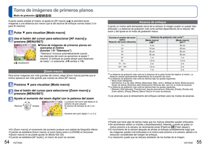 Page 2854   VQT3G92VQT3G92   55
 
Toma de imágenes de primeros planos
Modo de grabación:     
Cuando quiera ampliar el motivo, el ajuste en [AF macro] () le permitirá tomar 
imágenes a una distancia aún menor que la del alcance de enfoque n\
ormal (hasta 3 cm 
para W máximo). 
Pulse ▼  para visualizar [Modo macro]
Use el botón del cursor para seleccionar [AF macro] y 
presione [MENU/SET]
 
■ Toma de imágenes de primeros planos sin 
acercarse al motivo 
(función 
 “Telemacro”)
“Telemacro” funciona...