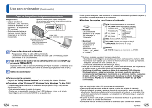 Page 63124   VQT3G92VQT3G92   125
Uso con ordenador (Continuación)
Conecte la cámara al ordenador
 • Asegúrese de utilizar el cable USB suministrado.La utilización de otros cables diferentes del cable USB suministrado \
pueden 
causar fallos en el funcionamiento.
Use el botón del cursor de la cámara para seleccionar [PC] y 
presione [MENU/SET]
Si [Modo USB] (→46) se pone en [PictBridge (PTP)] se visualizará un mensaje en la \
pantalla. Seleccione [SUPR.] para cerrar la pantalla y ponga [Modo USB] \
en [PC]....