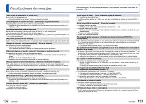 Page 67132   VQT3G92VQT3G92   133
Los significados y las respuestas necesarias a los mensajes principales \
mostrados en 
el monitor LCD.Visualizaciones de mensajes
[Esta tarjeta de memoria no se puede usar.]
 
●Se insertó una MultiMediaCard. 
  → No es compatible con la cámara. Utilice una tarjeta compatible.
[Unas imágenes no pueden borrarse]     [Esta imagen no puede borrarse\
]
 
●Las imágenes que no son DCF ( →32) no se pueden borrar.
  →  Guarde los datos necesarios en un ordenador o en otro aparato y...