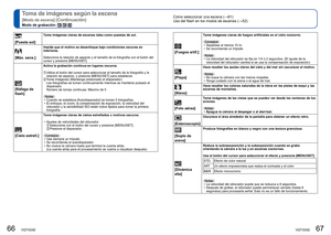 Page 3466   VQT3G92VQT3G92   67
Cómo seleccionar una escena (→61)
Uso del flash en los modos de escenas ( →52)Toma de imágenes según la escena 
[Modo de escena] (Continuación)
Modo de grabación:   
 
[Puesta sol]Tome imágenes claras de escenas tales como puestas de sol.
 
[Máx. sens.]
Impide que el motivo se desenfoque bajo condiciones oscuras en 
interiores.
Seleccione la relación de aspecto y el tamaño de la fotografía \
con el botón del 
cursor y presione [MENU/SET].
 
[Ráfaga de 
flash]
Activa la grabación...