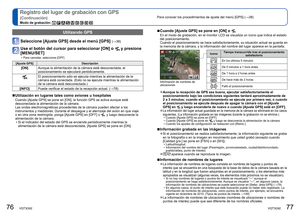 Page 3976   VQT3G92VQT3G92   77
Para conocer los procedimientos de ajuste del menú [GPS] (→38)
 
■ Cuando [Ajuste GPS] se pone en [ON] o 
En el modo de grabación, en el monitor LCD se visualiza un icono que \
indica el estado 
del posicionamiento.
Cuando el posicionamiento se hace satisfactoriamente, su situación ac\
tual se guarda en 
la memoria de la cámara, y la información del nombre del lugar apa\
rece en la pantalla.
Información de nombres de 
ubicaciones
Icono Tiempo transcurrido tras el posicionamiento...