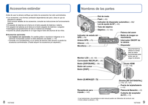 Page 58   VQT3G92VQT3G92   9
 
Nombres de las partes
Accesorios estándar
Antes de usar la cámara verifique que todos los accesorios han sido s\
uministrados.
 
●Los accesorios y sus formas cambiarán dependiendo del país o ár\
ea en que se 
adquiera la cámara.
Para conocer detalles de los accesorios, consulte las instrucciones de f\
uncionamiento 
básicas.
 
●Al paquete de baterías se le llama en el texto paquete de baterías\
 o batería. 
●Al cargador de baterías se le llama en el texto cargador de baterí\
as o...