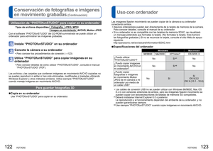 Page 62122   VQT3G92VQT3G92   123
Conservación de fotografías e imágenes 
en movimiento grabadas
 (Continuación)  Uso con ordenador
Utilización de “PHOTOfunSTUDIO” para copiar en su ordenador
           Tipos de archivos disponibles: Fotografía  JPEG, MPO/
Imagen en movimiento
 AVCHD, Motion JPEG
Con el software “PHOTOfunSTUDIO” del CD-ROM suministrado se puede utilizar un 
ordenador para administrar las imágenes grabadas.
Instale “PHOTOfunSTUDIO” en su ordenador
Conecte la cámara a su ordenador
 • Para conocer...