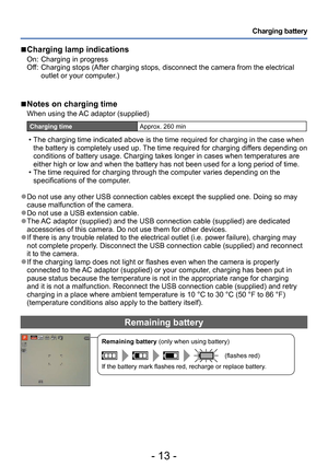 Page 13- 13 -
Charging battery
 ■Charging lamp indications
On:  Charging in progress
Of f:    Charging stops (After charging s tops, disconnect the camera from the electrical 
outlet or your computer.)
 ■Notes on charging time
When using the AC adaptor (supplied)
Charging time Approx. 260 min
 • The charging time indicated above is the time required for charging in the case when 
the battery is completely used up. The time required for charging dif fers depending on 
conditions of battery usage. Charging takes...