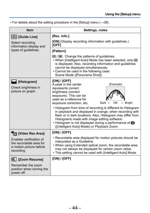 Page 44- 44 -
Using the [Setup] menu
ItemSettings, notes
[Guide Line]
Select recording 
information display and 
types of guidelines. [Rec. Info.]
[ON] (Display recording information with guidelines.)
[OFF]
[Pattern]
 /  : Change the patterns of guidelines. • When [Intelligent Auto] Mode has been selected, only  
is displayed. Also, recording information and guidelines 
cannot be displayed simultaneously.
 • Cannot be used in the following case: Scene Mode ([Panorama Shot])
[Histogram]
Check brightness in...