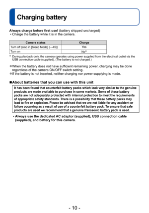 Page 10- 10 -
Charging battery
Always charge before first use! (battery shipped uncharged) • Charge the battery while it is in the camera.
Camera statusCharge
Turn off (also in [Sleep Mode] (→45)) Yes
Turn on No
∗
∗
   During playback only, the camera operates using power supplied from the electrical outlet via the 
USB connection cable (supplied). (The battery is not charged.)
 ●When the battery does not have sufficient remaining power, charging may be done 
regardless of the camera ON/OFF switch setting.
 ●If...
