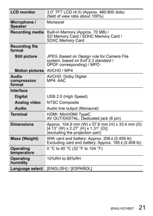 Page 21 (ENG) VQT4B27   21
LCD monitor3.0” TFT LCD (4:3) (Approx. 460,800 dots) 
(field of view ratio about 100%)
Microphone / 
Speaker Monaural
Recording media Built-in Memory (Approx. 70 MB) /  
SD Memory Card / SDHC Memory Card /  
SDXC Memory Card
Recording file 
format Still picture JPEG (based on Design rule for Camera File 
system, based on Exif 2.3 standard /  
DPOF corresponding) / MPO
Motion picturesAVCHD / MP4
Audio 
compression 
format  AVCHD: Dolby Digital
MP4: AAC
Interface Digital USB 2.0 (High...