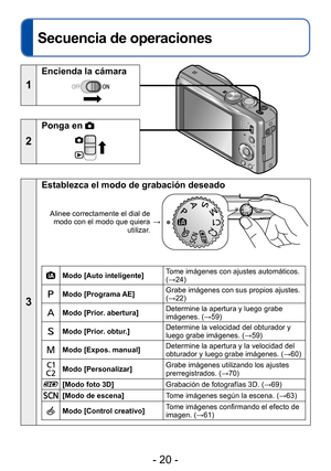 Page 20- 20 -
Lo básico
Secuencia de operaciones
1
Encienda la cámara
2
Ponga en 
3
Establezca el modo de grabación deseado
Alinee correctamente el dial de modo con el modo que quiera  utilizar.→
Modo [Auto inteligente] 
Tome imágenes con ajustes automáticos. 
(→24)
Modo [Programa AE] Grabe imágenes con sus propios ajustes. 
(→22)
Modo [Prior. abertura] Determine la apertura y luego grabe 
imágenes. (→59)
Modo [Prior. obtur.] Determine la velocidad del obturador y 
luego grabe imágenes. (→59)
Modo [Expos....