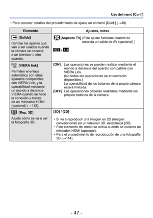 Page 47- 47 -
Uso del menú [Conf.]
ElementoAjustes, notas
[Salida]
Cambie los ajustes que 
van a ser usados cuando 
la cámara se conecte 
a un televisor u otro 
aparato.[Aspecto TV]  (Este ajuste funciona cuando se 
conecta un cable de A V (opcional).)
 / 
[VIERA link]
Permiten el enlace 
automático con otros 
aparatos compatibles 
con VIERA Link, y la 
operabilidad mediante 
un mando a distancia 
VIERA cuando se hace 
la conexión a través 
de un minicable HDMI 
(opcional) (→112). [ON]: 
 
   Las operaciones se...