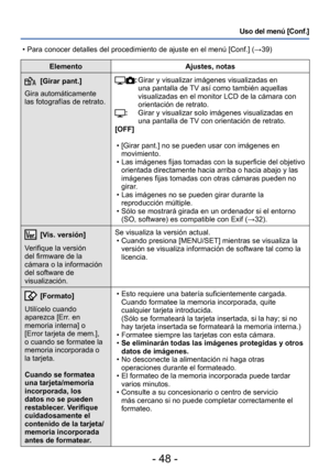 Page 48- 48 -
Uso del menú [Conf.]
ElementoAjustes, notas
[Girar pant.]
Gira automáticamente 
las fotografías de retrato.:  Girar y visualizar imágenes visualizadas en 
una pantalla de TV así como también aquellas 
visualizadas en el monitor LCD de la cámara con 
orientación de retrato.
:          Girar y visualizar solo imágenes visualizadas en 
una pantalla de 
TV con orientación de retrato.
[OFF]
 • [Girar pant.] no se pueden usar con imágenes en  movimiento.
 • Las imágenes fijas tomadas con la superficie...