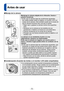 Page 5- 5 -
Antes de usar
 ■Manejo de la cámara
Mantenga la cámara alejada de la vibración, fuerza o 
presión excesivas.
 ●Evite usar la cámara bajo las condiciones siguientes, 
las cuales pueden dañar el objetivo, el monitor LCD o el 
cuerpo de la cámara. Esto también puede ser la causa de 
que la cámara funcione mal o de que no grabe.
 • Dejar caer o golpear la cámara contra una superficie dura
 • Sentarse con la cámara en los bolsillos de sus pantalones o meterla a la fuerza en una bolsa llena
 • Colocar...