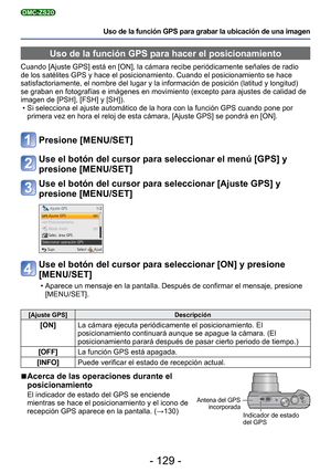 Page 129- 129 -
Uso de la función GPS para grabar la ubicación de una imagen
DMC-ZS20
 Uso de la función GPS para hacer el posicionamiento
Cuando [Ajuste GPS] está en [ON], la cámara recibe periódicamen\
te señales de radio 
de los satélites GPS y hace el posicionamiento. Cuando el posicionami\
ento se hace 
satisfactoriamente, el nombre del lugar y la información de posició\
n (latitud y longitud) 
se graban en fotografías e imágenes en movimiento (excepto para a\
justes de calidad de 
imagen de [PSH], [FSH] y...