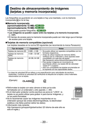 Page 20- 20 -
 
Destino de almacenamiento de imágenes 
(tarjetas y memoria incorporada)
Las fotografías se guardarán en una tarjeta si hay una insertada, \
o en la memoria 
incorporada  si no la hay.
 
■Memoria incorporada 
(aproximadamente 12 MB) DMC-ZS20
(aproximadamente 70 MB) DMC-ZS19
 
●Sólo puede guardar fotografías. DMC-ZS20 
●Las imágenes se pueden copiar entre las tarjetas y la memoria incorpo\
rada. 
(→127)
 
●El tiempo de acceso para la memoria incorporada puede ser más largo q\
ue el tiempo 
de...