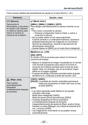 Page 57- 57 -
Uso del menú [Conf.]
ElementoAjustes, notas
 [Ahorro]
Desconecte la 
alimentación u oscurezca 
el monitor LCD mientras 
no utiliza la cámara para 
reducir al mínimo el 
consumo de la batería.   [Modo hiber.]
[2MIN.] / [5MIN.] / [10MIN.] / [OFF]: 
Para apagar automáticamente la cámara mientras no se 
usa.  • Para volver a encender la cámara →  Presione el disparador hasta la mitad, o vuelva a  encender la cámara.
 • No se puede utilizar en los casos siguientes: Cuando conecte a un...