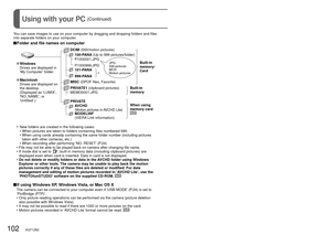 Page 102102   VQT1Z82VQT1Z82   103
Using with your PC (Continued)
   New folders are created in the following cases:
  •   When pictures are taken to folders containing files numbered 999.
  •   When using cards already containing the same folder number (including p\
ictures 
taken with other cameras, etc.)
  •   When recording after performing ‘NO. RESET’ (P.24)
 •   File may not be able to be played back on camera after changing file nam\
e.
 •   If mode dial is set to 
, built-in memory data (including...