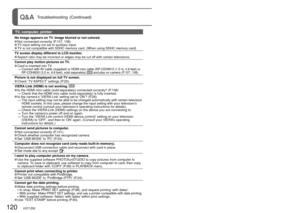 Page 120120   VQT1Z82VQT1Z82   121
Q&A  Troubleshooting (Continued)
TV, computer, printer
No image appears on TV. Image blurred or not colored. Not connected correctly (P.107, 108). TV input setting not set to auxiliary input. TV is not compatible with SDHC memory card. (When using SDHC memory car\
d)
TV screen display different to LCD monitor.
 Aspect ratio may be incorrect or edges may be cut off with certain televisions.
Cannot play motion pictures on TV.
 Card is inserted into TV.
  →  Connect with AV cable...