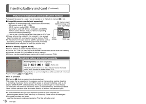 Page 1616   VQT1Z82VQT1Z82   17
Inserting battery and card (Continued)Setting the clock( The clock is not set when the camera is shipped.)
Set REC/PLAY switch to  before turning on power.
Turn on the power‘PLEASE SET THE CLOCK’  will be displayed 
when power is turned on for the first time.
While this message is displayed
Press ‘MENU/SET’
Select the setting item (year, 
month, date, time, display order, 
time display format), and set.
Select the  setting item
Select the display formatSet the date, 
time, or...