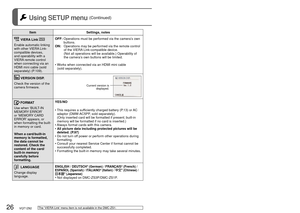 Page 2626   VQT1Z82VQT1Z82   27
See P.18 for the setting procedure in the SETUP menu. Using SETUP menu (Continued)
VIERA Link 
Enable automatic linking 
with other VIERA Link-
compatible devices, 
and operability with a 
VIERA remote control 
when connecting via an 
HDMI mini cable (sold 
separately) (P.109).OFF:  
Operations must be performed via the camera’s own 
buttons.
ON:    Operations may be performed via the remote control  of the VIERA Link-compatible device. 
(Not all operations will be available.)...