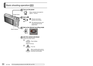 Page 3030   VQT1Z82VQT1Z82   31
Basic shooting operation 
Holding the camera/Direction detection function
Mode dial
Turn on the power
Status indicator illuminated for 
approx. 1 second.
Set to  
 :  Pictures and motion pictures can be taken.
 :  The captured pictures and motion pictures can be 
played back.
Set to the desired recording mode 
Aim the camera and shoot
(Press the shutter button)
Press halfway
(Adjust the focus)
Press fully
When recording motion pictures, 
fully press the shutter button one 
more...