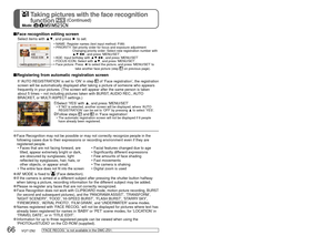 Page 6666   VQT1Z82VQT1Z82   67
Useful features for travelMode:                  
‘FACE RECOG.’ is not available in the DMC-ZS1.
  Taking pictures with the face recognition function 
 (Continued)
Mode:     
 TRAVEL DATE (Record travel date and destination)
Record information as to what day and where pictures were taken by setti\
ng departure 
dates and destinations.
Set-up: •   Clock must be set in advance (P.17).
    •   Press ‘MENU/SET’ → ‘
 SETUP MENU’ → Select ‘TRAVEL DATE’ 
 The number of days elapsed is...