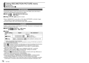 Page 7676   VQT1Z82VQT1Z82   77
See P.18 for menu setting procedure.Using REC/MOTION PICTURE menu
(Continued)
REC/PLAY switch: 
 I.EXPOSURE
Automatically adjusts contrast and exposure to give more lifelike colors\
 when there is 
significant contrast between background and subject.
 MODE:     → REC/MOTION PICTURE menu  → REC menu
 Settings:  OFF/ON (  displayed on screen)
 Even if ‘SENSITIVITY’ is set to ‘80’ or ‘100’, when I.EXPOSURE is activated, images may be taken at a higher sensitivity than the setting....
