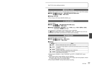 Page 7776   VQT1Z82VQT1Z82   77
See P.18 for menu setting procedure.Using REC/MOTION PICTURE menu
(Continued)
REC/PLAY switch: 
 I.EXPOSURE
Automatically adjusts contrast and exposure to give more lifelike colors\
 when there is 
significant contrast between background and subject.
 MODE:     → REC/MOTION PICTURE menu  → REC menu
 Settings:  OFF/ON (  displayed on screen)
 Even if ‘SENSITIVITY’ is set to ‘80’ or ‘100’, when I.EXPOSURE is activated, images may be taken at a higher sensitivity than the setting....
