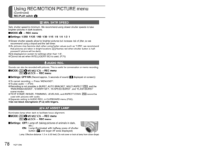 Page 7878   VQT1Z82VQT1Z82   79
See P.18 for menu setting procedure.Using REC/MOTION PICTURE menu
(Continued)
REC/PLAY switch: 
REC MODE is not available in the DMC-ZS1.
 CLOCK SET
Set the clock. Same function as that in SETUP menu (P.17).
 REC MODE 
Sets the data format of the motion picture that is recorded.
 MODE:      → MOTION PICTURE menu
 Settings:
Recording formatEffect
 AVCHD Lite  
This is a data format suitable for playback on high-definition TVs. 
This format enables an extended recording time in...