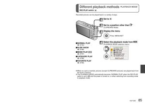 Page 8584   VQT1Z82VQT1Z82   85
Viewing motion pictures/pictures with audio
REC/PLAY switch: 
Different playback methods ‘PLAYBACK MODE’ 
REC/PLAY switch: 
 The volume for pictures with audio can be adjusted by the speaker volume\
 (P.21). Motion pictures and pictures with audio recorded by other cameras may no\
t play back correctly on this camera.
 When using a large-volume memory card, the rewind function may take some\
 time. Some information are not displayed for motion pictures recorded in ‘A\
VCHD Lite’....