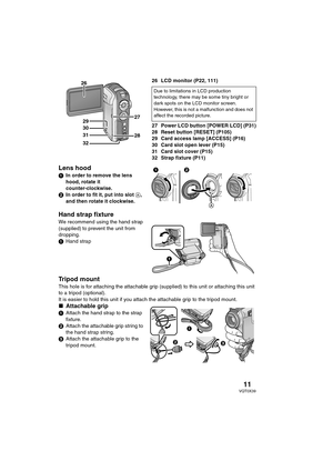 Page 1111VQT0X39
26 LCD monitor (P22, 111) 
27 Power LCD button [POWER LCD] (P31)
28 Reset button [RESET] (P105)
29 Card access lamp [ACCESS] (P16)
30 Card slot open lever (P15)
31 Card slot cover (P15)
32 Strap fixture (P11)
Lens hood
1In order to remove the lens 
hood, rotate it 
counter-clockwise.
2In order to fit it, put into slot A, 
and then rotate it clockwise.
Hand strap fixture
We recommend using the hand strap 
(supplied) to prevent the unit from 
dropping.
1Hand strap
Tripod mount
This hole is for...