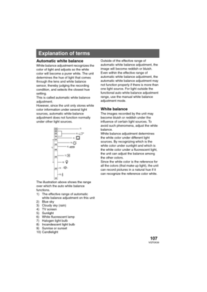 Page 107107VQT0X39
Automatic white balance
White balance adjustment recognizes the 
color of light and adjusts so the white 
color will become a purer white. The unit 
determines the hue of light that comes 
through the lens and white balance 
sensor, thereby judging the recording 
condition, and selects the closest hue 
setting.
This is called automatic white balance 
adjustment.
However, since the unit only stores white 
color information under several light 
sources, automatic white balance 
adjustment does...