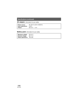 Page 114114VQT0X39
s
AC adaptor: Information for your safety
Battery pack: Information for your safety
Specifications (continued)
Power source:AC 100 V to 240 V, 50/60 Hz
Input capacitance:0.25 A
Output:DC 9.3 V  1.0 A
Maximum voltage:DC 8.4 V
Nominal voltage:DC 7.4 V
Rated capacitance:760 mAh
VQT0X39ENG.book  114 ページ  ２００６年６月１４日　水曜日　午前１０時５１分 