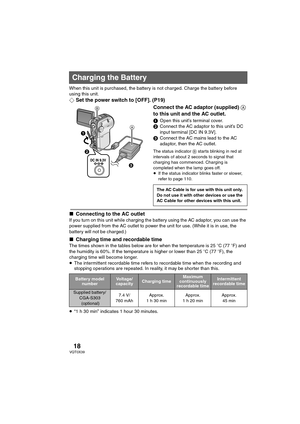 Page 1818VQT0X39
When this unit is purchased, the battery is not charged. Charge the battery before 
using this unit.
¬Set the power switch to [OFF]. (P19)
Connect the AC adaptor (supplied) A 
to this unit and the AC outlet.
1Open this unit’s terminal cover.
2Connect the AC adaptor to this unit’s DC 
input terminal [DC IN 9.3V].
3Connect the AC mains lead to the AC 
adaptor, then the AC outlet.
The status indicator B starts blinking in red at 
intervals of about 2 seconds to signal that 
charging has commenced....