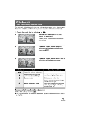 Page 4949VQT0X39
The automatic white balance function may not reproduce natural colors depending on 
the scenes or lighting conditions. If so, you can adjust the white balance manually.
¬Rotate the mode dial to select   or  .
1Set the [AUTO/MANUAL/FOCUS] 
switch to [MANUAL].
The icon shown in the illustration is displayed 
automatically.
2Press the cursor button down to 
select the white balance indication 
(such as  ).
3Press the cursor button left or right to 
select the white balance mode.
To restore to the...