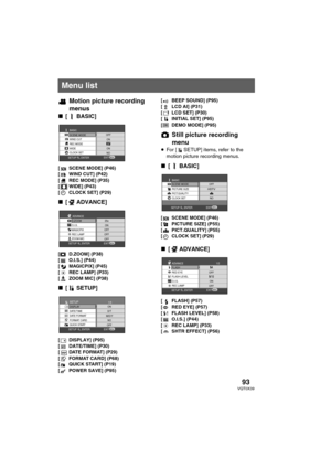 Page 9393VQT0X39
Motion picture recording 
menus
∫[ BASIC]
[ SCENE MODE] (P46)
[ WIND CUT] (P42)
[ REC MODE] (P35)
[ WIDE] (P43)
[ CLOCK SET] (P29)
∫[ ADVANCE]
[ D.ZOOM] (P38)
[ O.I.S.] (P44)
[MAGICPIX] (P45)
[ REC LAMP] (P33)
[ ZOOM MIC] (P38)
∫[ SETUP]
[ DISPLAY] (P95)
[ DATE/TIME] (P30)
[ DATE FORMAT] (P29)
[ FORMAT CARD] (P68)
[ QUICK START] (P19)
[ POWER SAVE] (P95)[ BEEP SOUND] (P95)
[LCDAI] (P31)
[LCDSET] (P30)
[ INITIAL SET] (P95)
[DEMOMODE] (P95)
Still picture recording 
menu
≥For [ SETUP] items, refer...