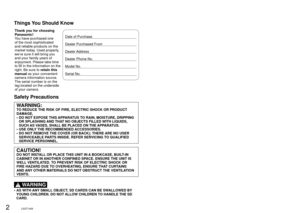 Page 22LSQT14263LSQT1426
Things You Should Know
Thank you for choosing 
Panasonic!
You have purchased one 
of the most sophisticated 
and reliable products on the 
market today. Used properly, 
we’re sure it will bring you 
and your family years of 
enjoyment. Please take time 
to fill in the information on the 
right. Be sure to retain this 
manual as your convenient 
camera information source.
The serial number is on the 
tag located on the underside 
of your camera.Date of Purchase
Dealer Purchased From...